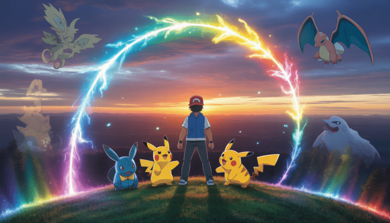 Dresseur Pokémon courageux sur colline ensoleillée au coucher du soleil, Pikachu lançant une attaque électrique colorée en forme d’arc-en-ciel