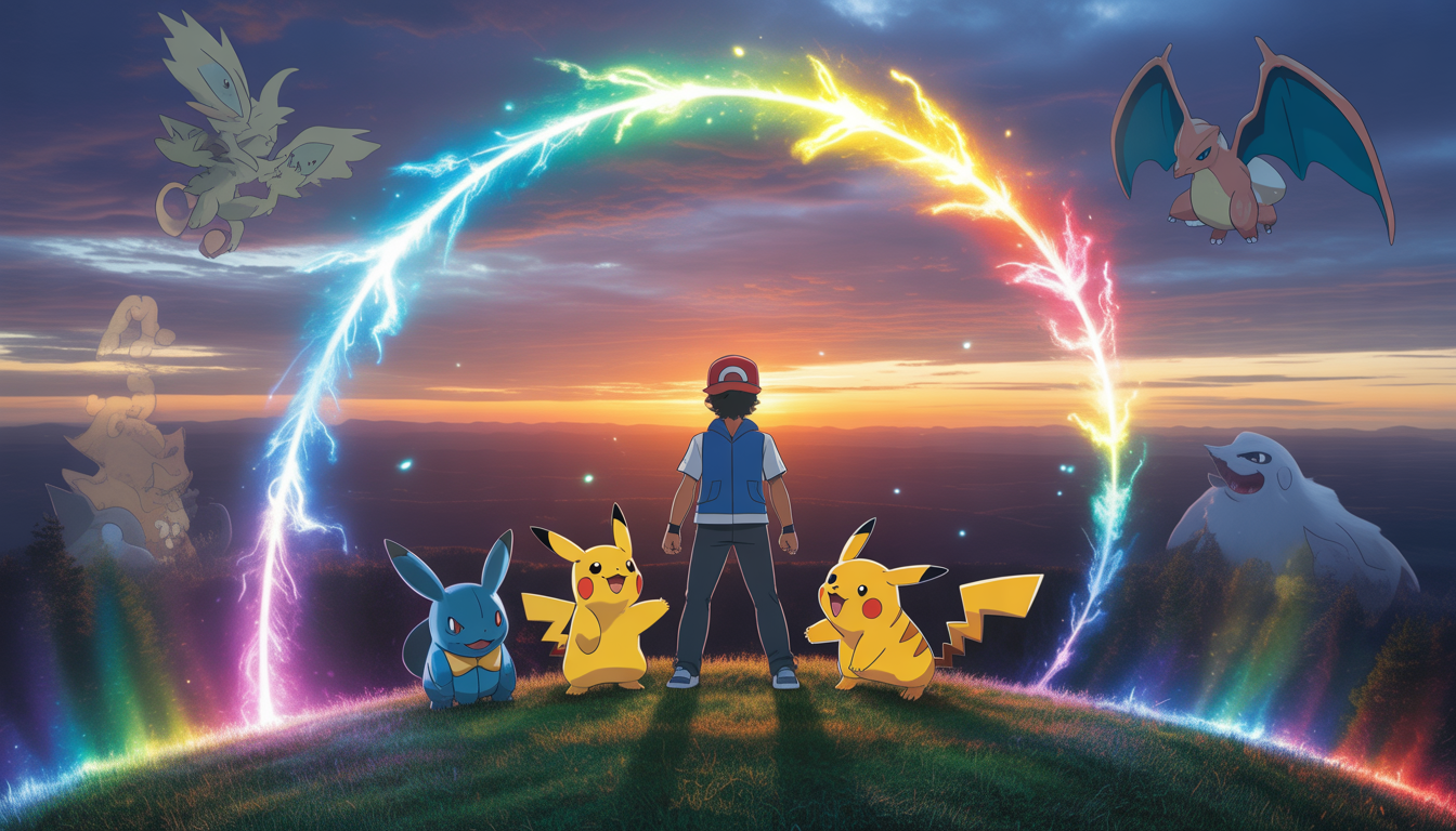 Dresseur Pokémon courageux sur colline ensoleillée au coucher du soleil, Pikachu lançant une attaque électrique colorée en forme d’arc-en-ciel