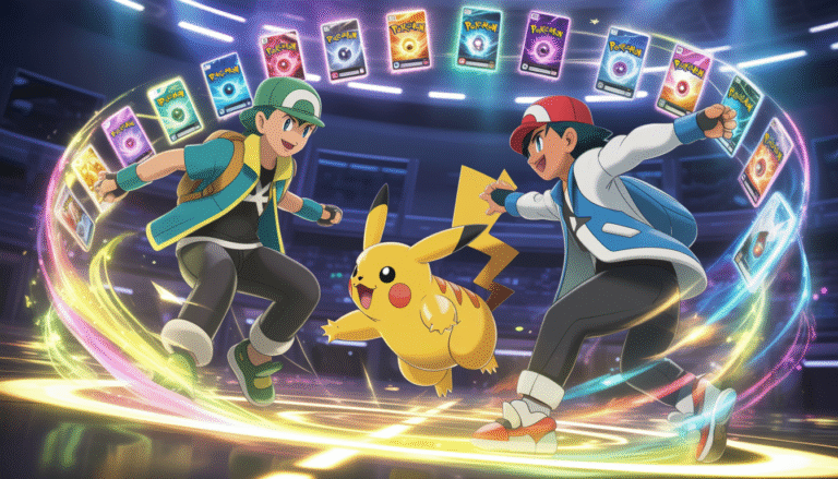 Deux dresseurs Pokémon s'affrontent avec des effets magiques