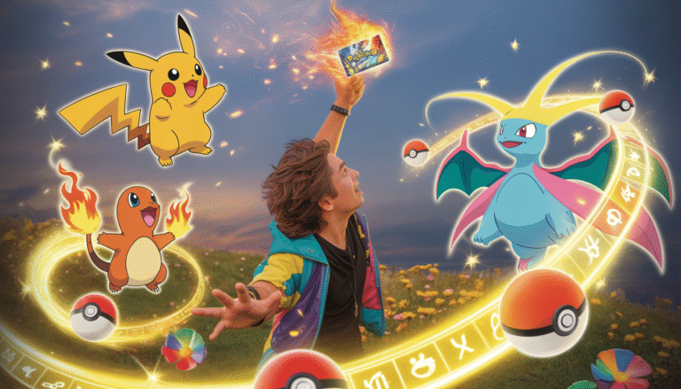 Jeune dresseur aux cheveux ébouriffés portant une veste colorée, lançant une carte Pokémon enflammée, entouré de Pikachu, Salamèche et Gardevoir avec lumière dorée et fleurs arc-en-ciel