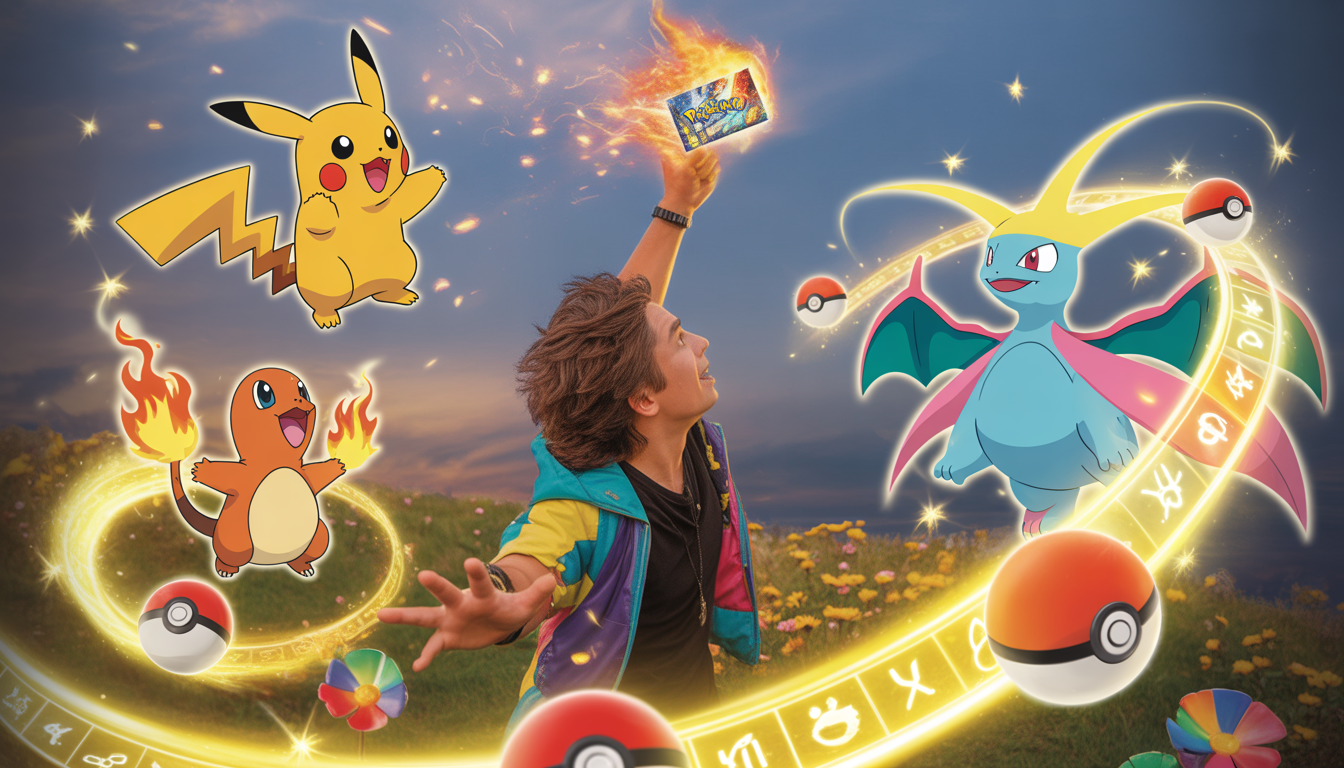 Jeune dresseur aux cheveux ébouriffés portant une veste colorée, lançant une carte Pokémon enflammée, entouré de Pikachu, Salamèche et Gardevoir avec lumière dorée et fleurs arc-en-ciel