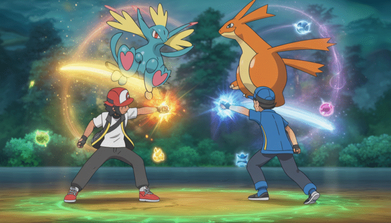 Deux dresseurs Pokémon engagés dans un combat dynamique, chacun invoquant un Pokémon légendaire vibrant dans une forêt lumineuse avec des étincelles d'énergie mystique et des particules scintillantes