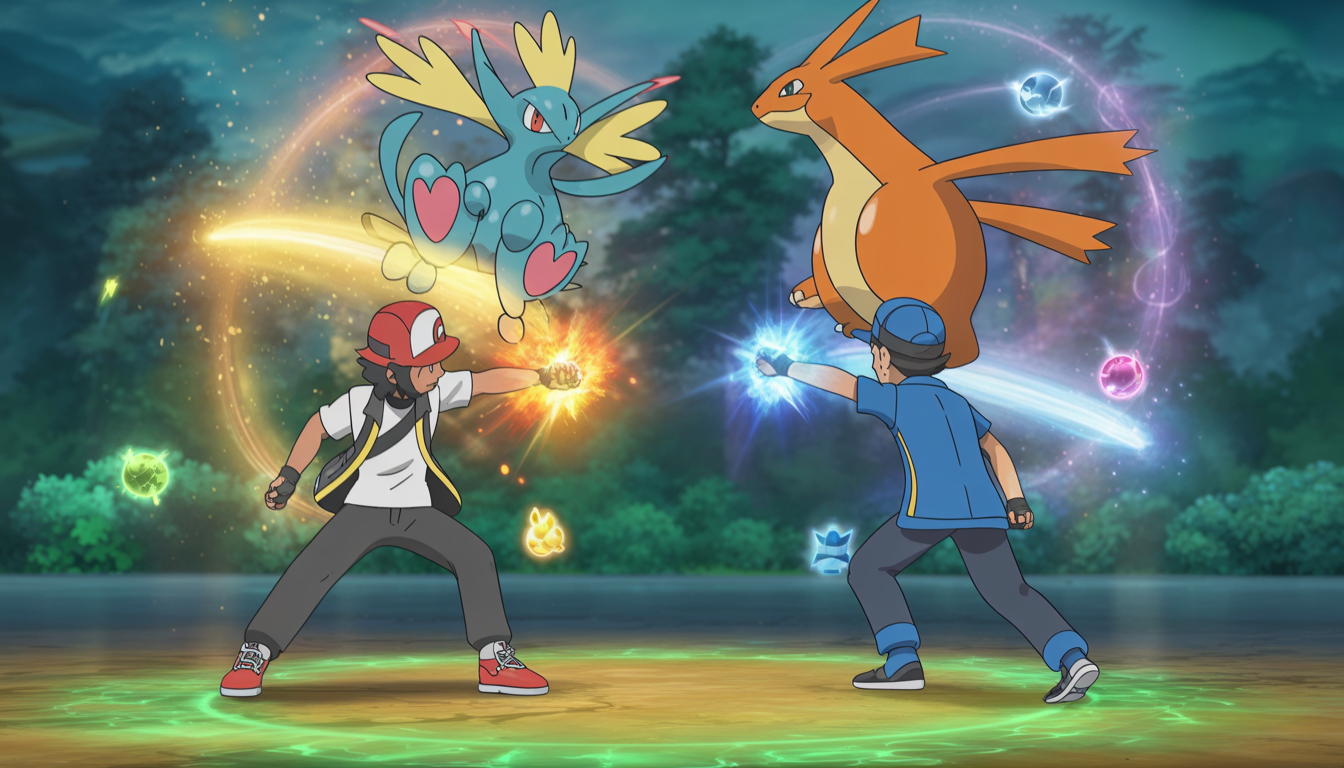 Deux dresseurs Pokémon engagés dans un combat dynamique, chacun invoquant un Pokémon légendaire vibrant dans une forêt lumineuse avec des étincelles d'énergie mystique et des particules scintillantes