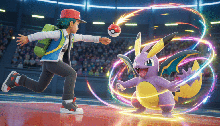 Entraîneur Pokémon lance un Pokéball dans une arène lumineuse face à un Pokémon légendaire brillant entouré d'effets magiques colorés