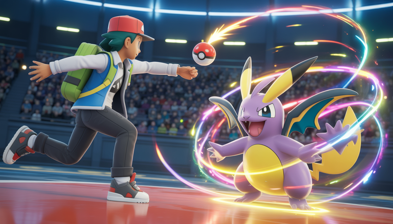 Entraîneur Pokémon lance un Pokéball dans une arène lumineuse face à un Pokémon légendaire brillant entouré d'effets magiques colorés