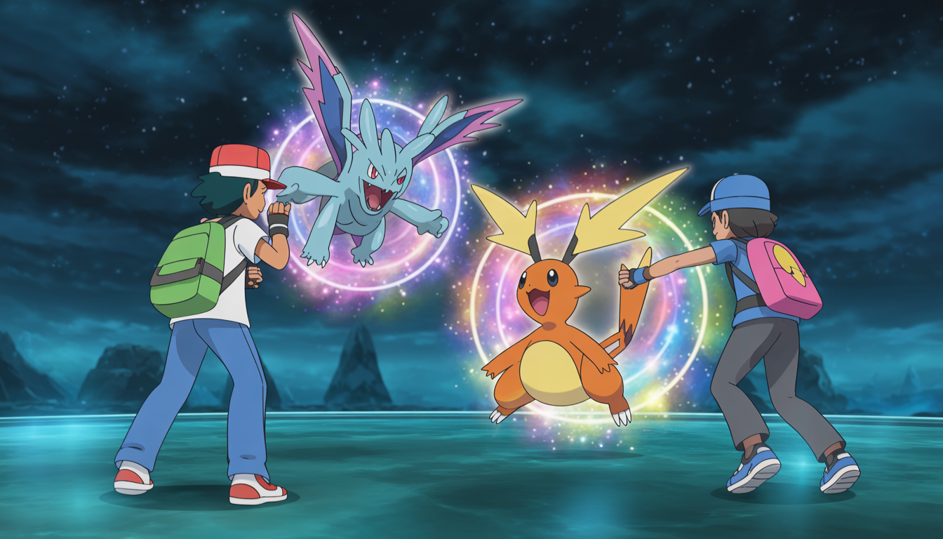 Deux dresseurs Pokémon combattant avec des Pokémon légendaires lumineux dans une arène mystique flottante sous un ciel étoilé