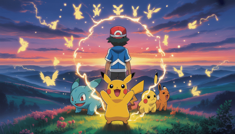 Pokémon trainer on hill at sunset with Pikachu crackling electricity and glowing legendary Pokémon silhouettes