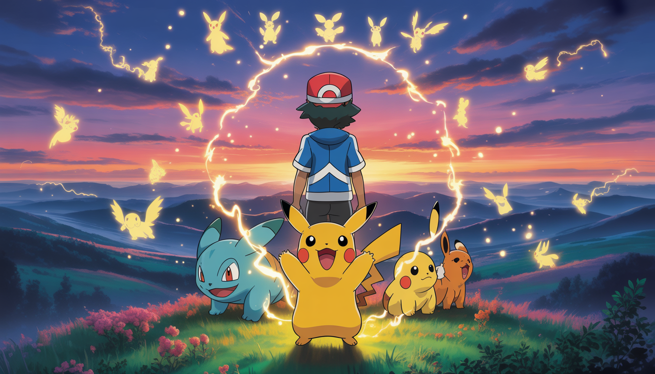 Pokémon trainer on hill at sunset with Pikachu crackling electricity and glowing legendary Pokémon silhouettes