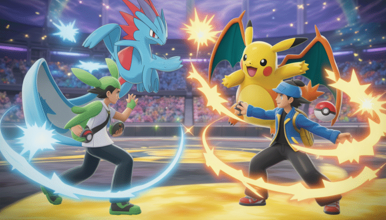 Deux dresseurs Pokémon en pleine bataille dans une arène vibrante, avec des Pokémon détaillés en premiers plans et un fond fantastique lumineux
