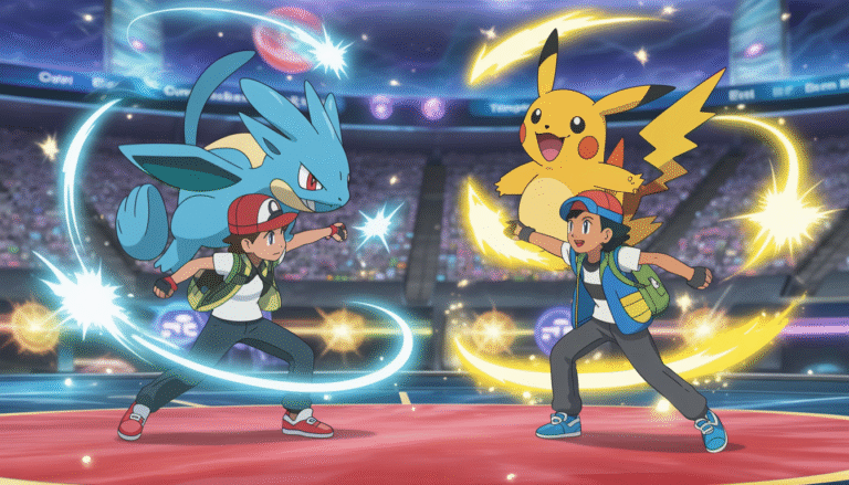 Deux dresseurs Pokémon en duel dynamique, avec leurs Pokémon emblématiques dans une arène lumineuse remplie d'effets magiques et particules scintillantes