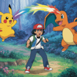 Trainer with Pikachu and Charmander in magical forest battle