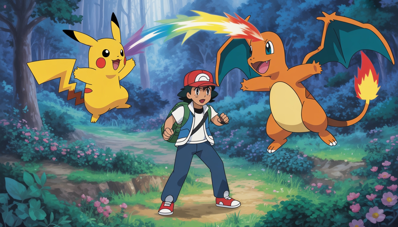 Trainer with Pikachu and Charmander in magical forest battle