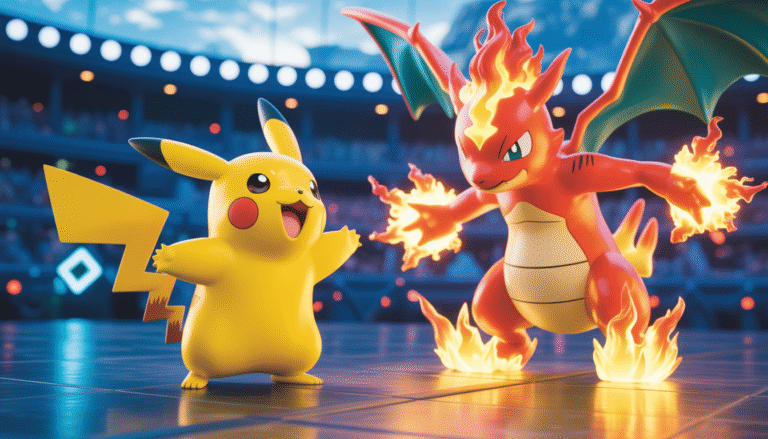 Pikachu étincelant affrontant Dracaufeu enflammé dans une arène magique avec effets holographiques