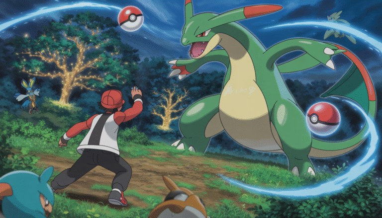 Dresseur affrontant le Pokémon légendaire Rayquaza dans une forêt enchantée avec Pokémon observant dans la brume et Poké Balls scintillantes