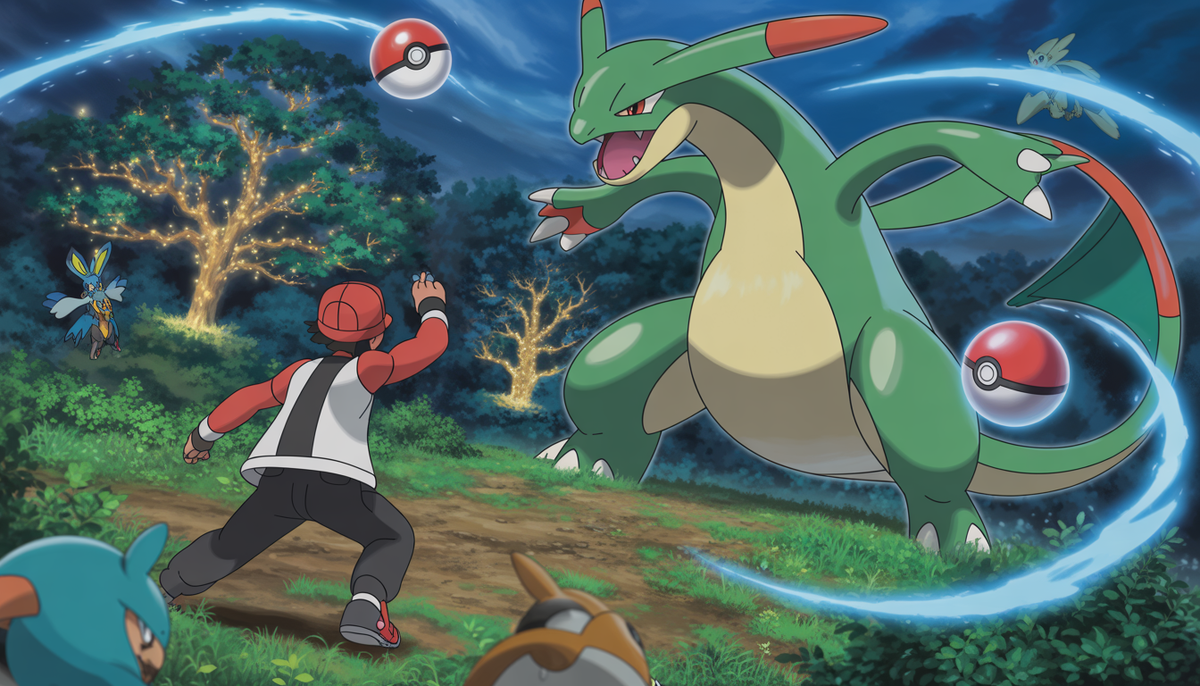 Dresseur affrontant le Pokémon légendaire Rayquaza dans une forêt enchantée avec Pokémon observant dans la brume et Poké Balls scintillantes