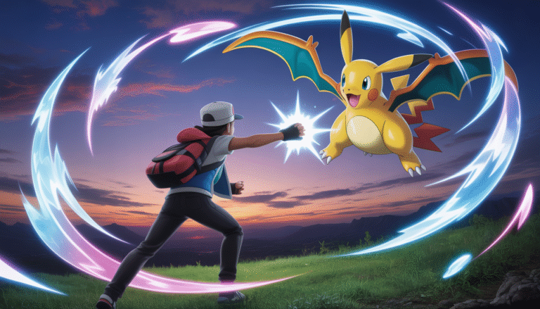 Daring Pokémon trainer unleashing a powerful attack with a legendary Pokémon under a vibrant twilight sky, surrounded by swirling magical energy shards and holographic GX card effects