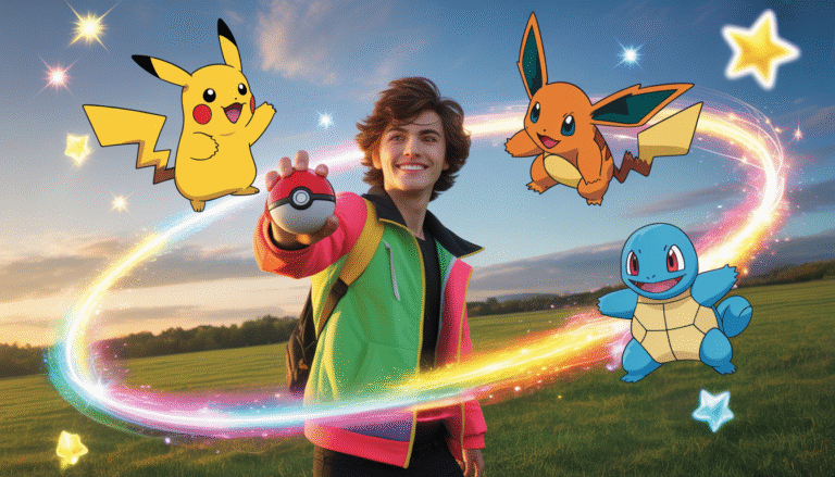 Jeune dresseur avec veste colorée lançant une Poké Ball entouré de Pikachu, Salamèche et Carapuce sous un ciel étoilé holographique