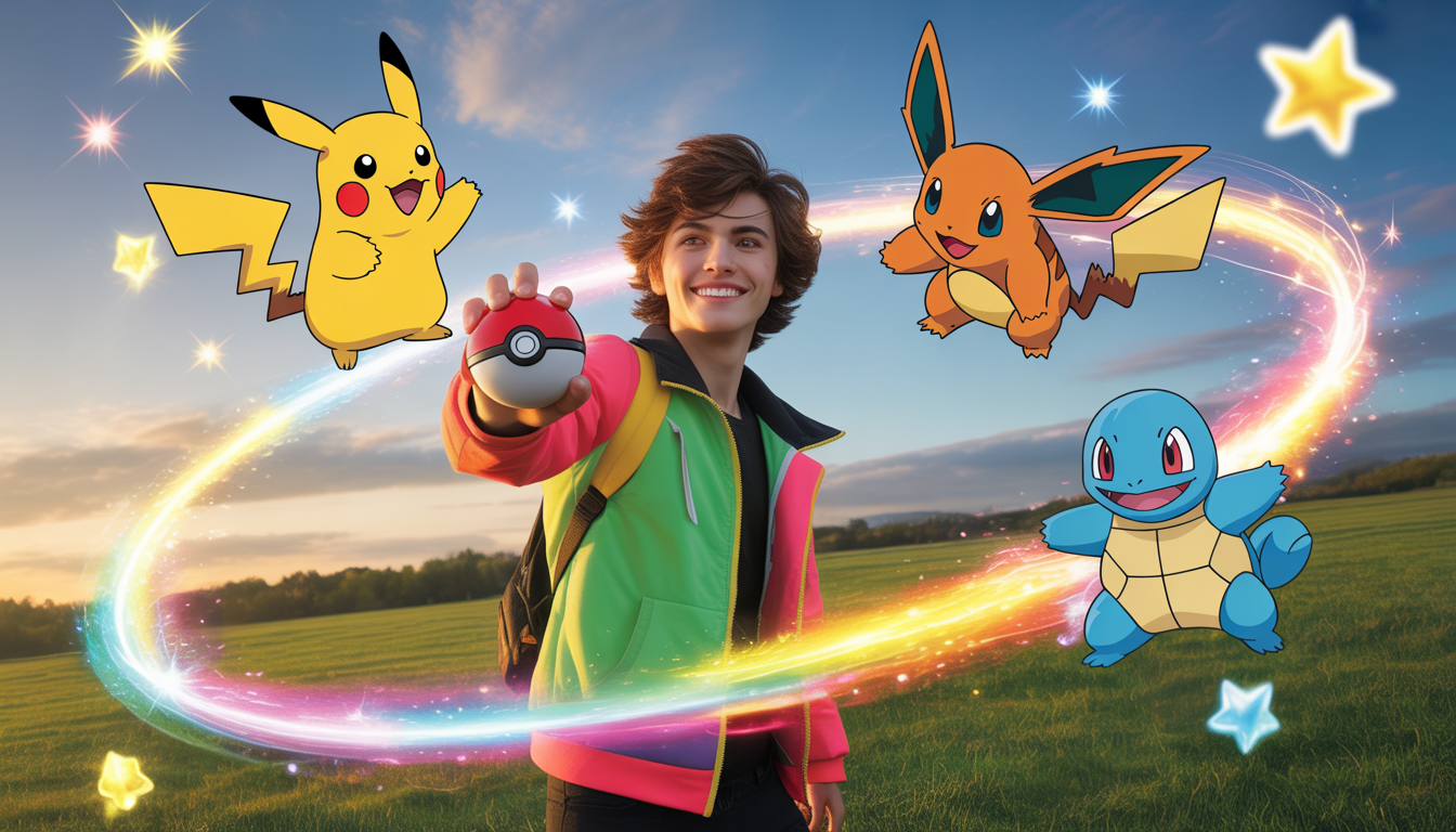 Jeune dresseur avec veste colorée lançant une Poké Ball entouré de Pikachu, Salamèche et Carapuce sous un ciel étoilé holographique