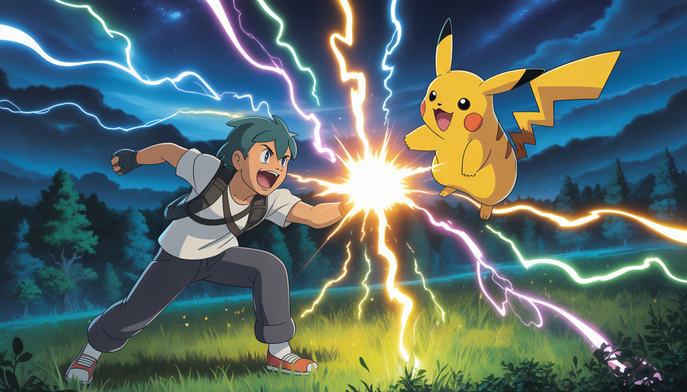 Dresseur Pokémon dynamique avec Pikachu brillant lançant une attaque électrique spectaculaire dans une forêt mystique sous un ciel étoilé
