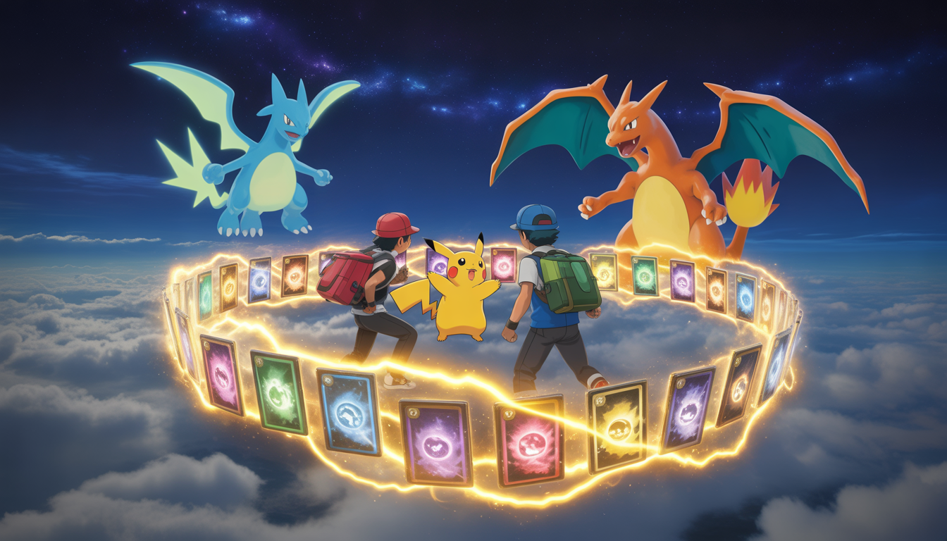 Deux dresseurs Pokémon se battant sur un champ de bataille flottant au-dessus d'un ciel étoilé, entourés de Pokémon légendaires, Pikachu et Dracaufeu au centre, éclairs dorés et ondes d'énergie arc-en-ciel illuminant des cartes brillantes