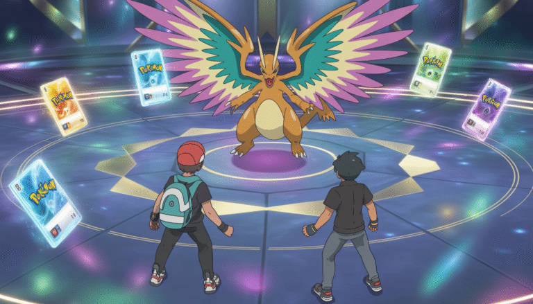 Deux dresseurs face à face dans une arène de combat épique avec un Pokémon légendaire au centre déployant des ailes d'énergie multicolores et des cartes Pokémon scintillantes flottant autour