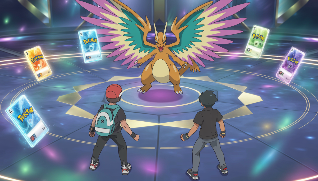 Deux dresseurs face à face dans une arène de combat épique avec un Pokémon légendaire au centre déployant des ailes d'énergie multicolores et des cartes Pokémon scintillantes flottant autour