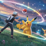 A brave trainer launching a legendary Pokémon surrounded by floating Poké Balls, rainbow lights, and wild Pokémon in a magical forest