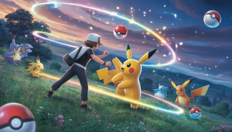 A brave trainer launching a legendary Pokémon surrounded by floating Poké Balls, rainbow lights, and wild Pokémon in a magical forest