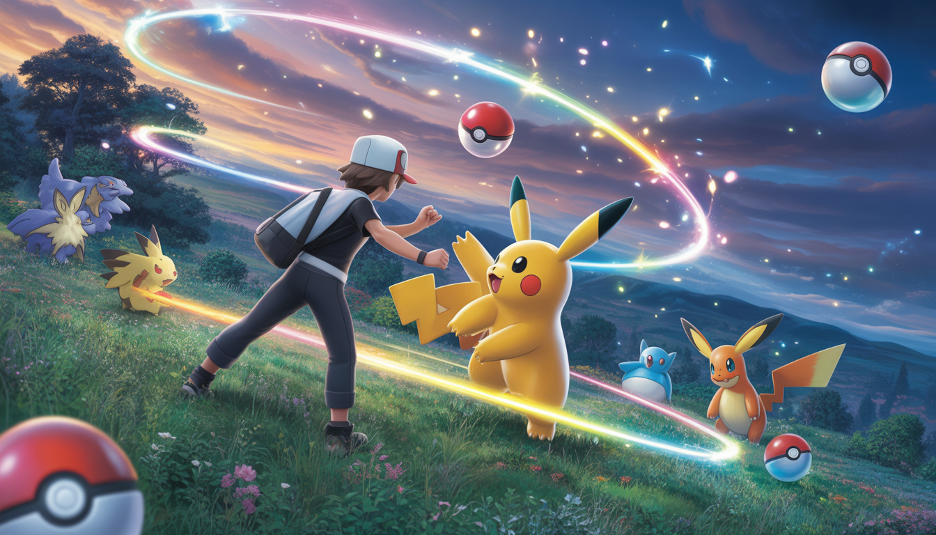 A brave trainer launching a legendary Pokémon surrounded by floating Poké Balls, rainbow lights, and wild Pokémon in a magical forest