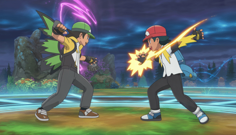 Deux dresseurs Pokémon s'affrontent dans une arène magique aux effets lumineux