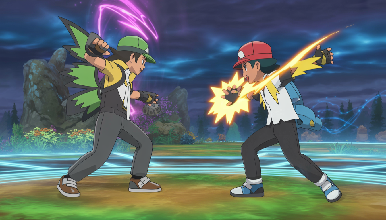 Deux dresseurs Pokémon s'affrontent dans une arène magique aux effets lumineux