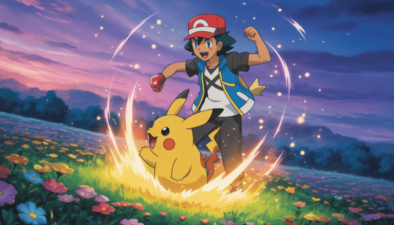 Détérminé dresseur Pokémon lançant une attaque spectaculaire avec effets lumineux dans une clairière enchantée colorée sous un ciel crépusculaire