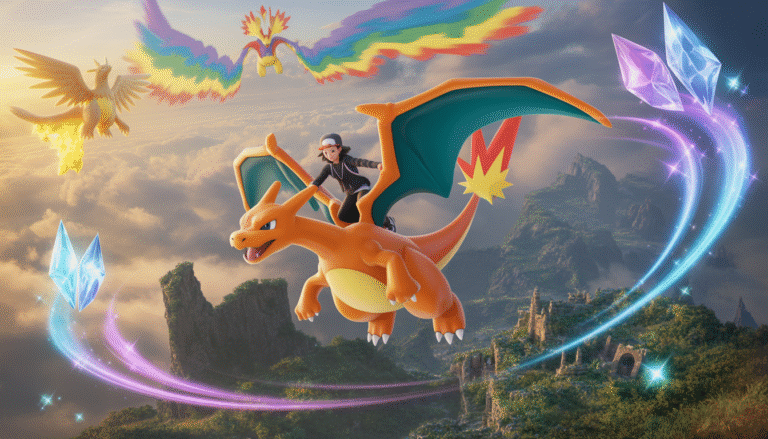 Trainer riding Charizard with wings spread, flying over golden mountains, glowing crystals, and legendary Pokémon silhouettes in rainbow clouds