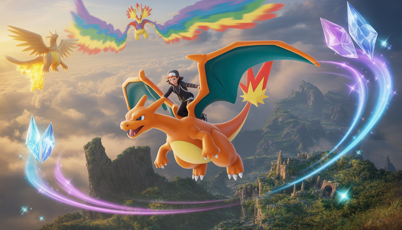Trainer riding Charizard with wings spread, flying over golden mountains, glowing crystals, and legendary Pokémon silhouettes in rainbow clouds