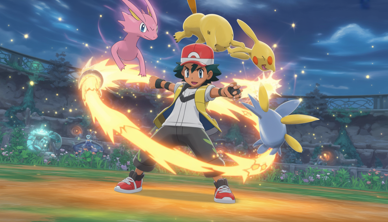 Entraîneur Pokémon déterminé avec son Pokémon iconique, entouré d'une aura lumineuse et d'effets magiques scintillants dans une arène colorée et mystique