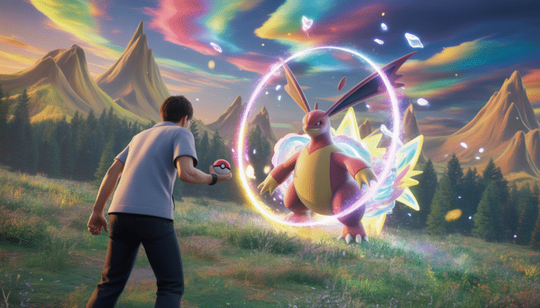 Entraîneur Pokémon déterminé affrontant un Pokémon légendaire lumineux dans un paysage fantastique vibrant