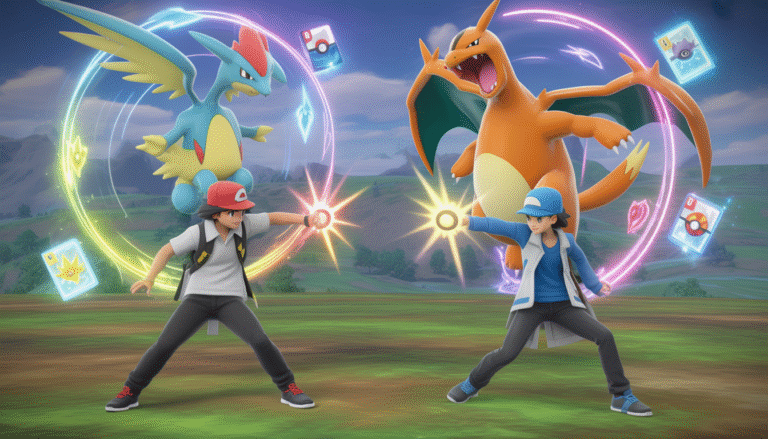 Two Pokémon trainers summoning legendary Pokémon amid vibrant magical energy in a fantasy landscape