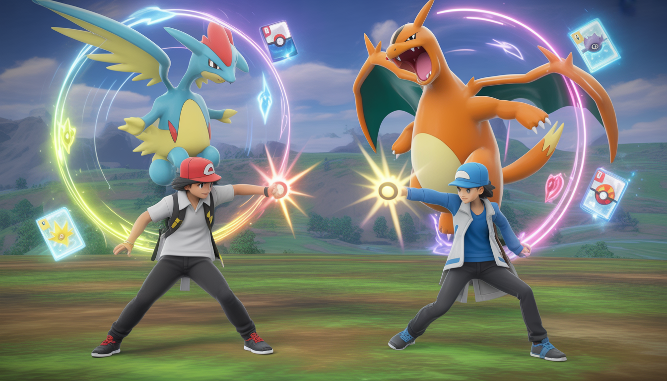 Two Pokémon trainers summoning legendary Pokémon amid vibrant magical energy in a fantasy landscape