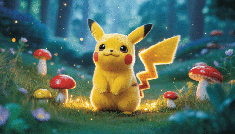 Illustration d’un dresseur avec Pikachu, Évoli et Florizarre dans une forêt féerique
