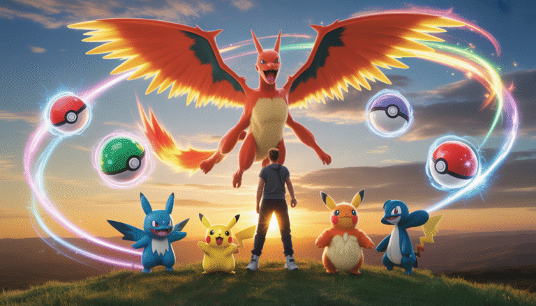Pokémon trainer on a sunlit hill at sunset with Pikachu sparking electricity and Charizard spreading wings, surrounded by glowing Poké Balls and colorful energy sparks