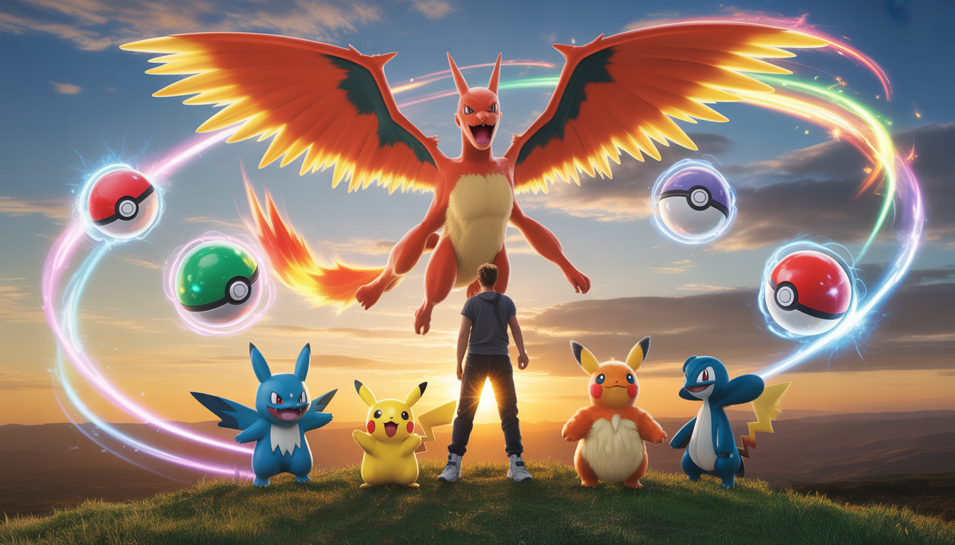 Pokémon trainer on a sunlit hill at sunset with Pikachu sparking electricity and Charizard spreading wings, surrounded by glowing Poké Balls and colorful energy sparks