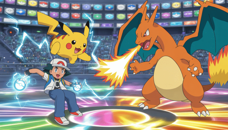 Deux dresseurs Pokémon en combat dynamique avec Pikachu lançant des éclairs et Charizard crachant des flammes dans une arène colorée aux symboles d'énergie flottants