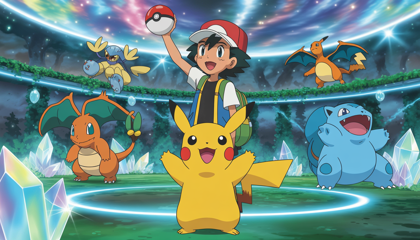 Illustration de style Pokémon d’un jeune dresseur avec Pikachu dans une forêt lumineuse entourée de Pokémon sauvages comme Venusaur, Charmander et Oddish