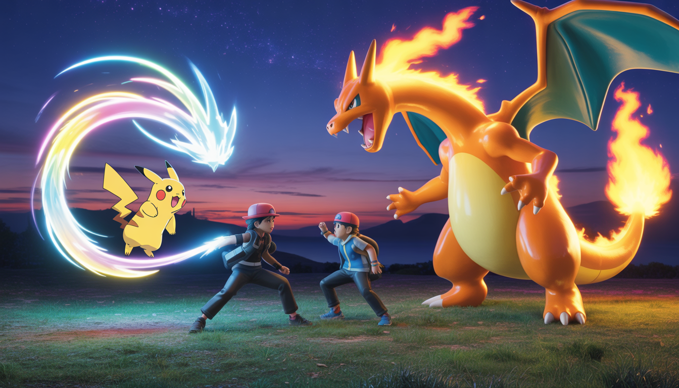 Scène de bataille dynamique entre deux dresseurs Pokémon avec Pikachu électrique brillant et Charizard crachant des flammes sous un ciel étoilé au crépuscule