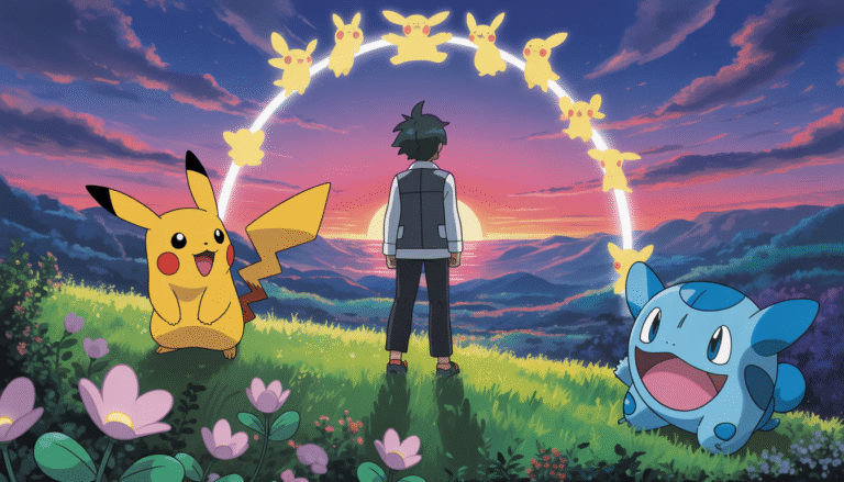 Jeune dresseur aux cheveux ébouriffés sur une colline avec Pikachu, Bulbizarre, Salamèche et un arc-en-ciel magique au coucher de soleil