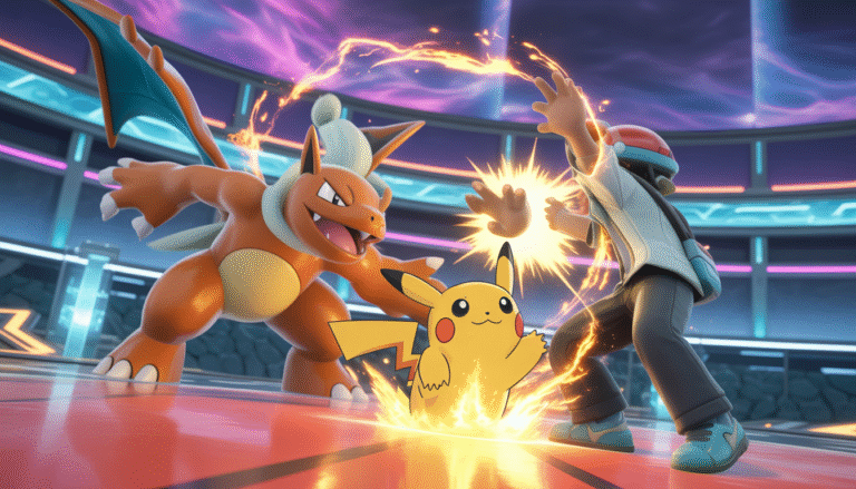 Un dresseur de Pokémon lançant une attaque spectaculaire avec son Pokémon emblématique dans une arène de combat colorée, entouré d'une aura lumineuse et d'étincelles magiques