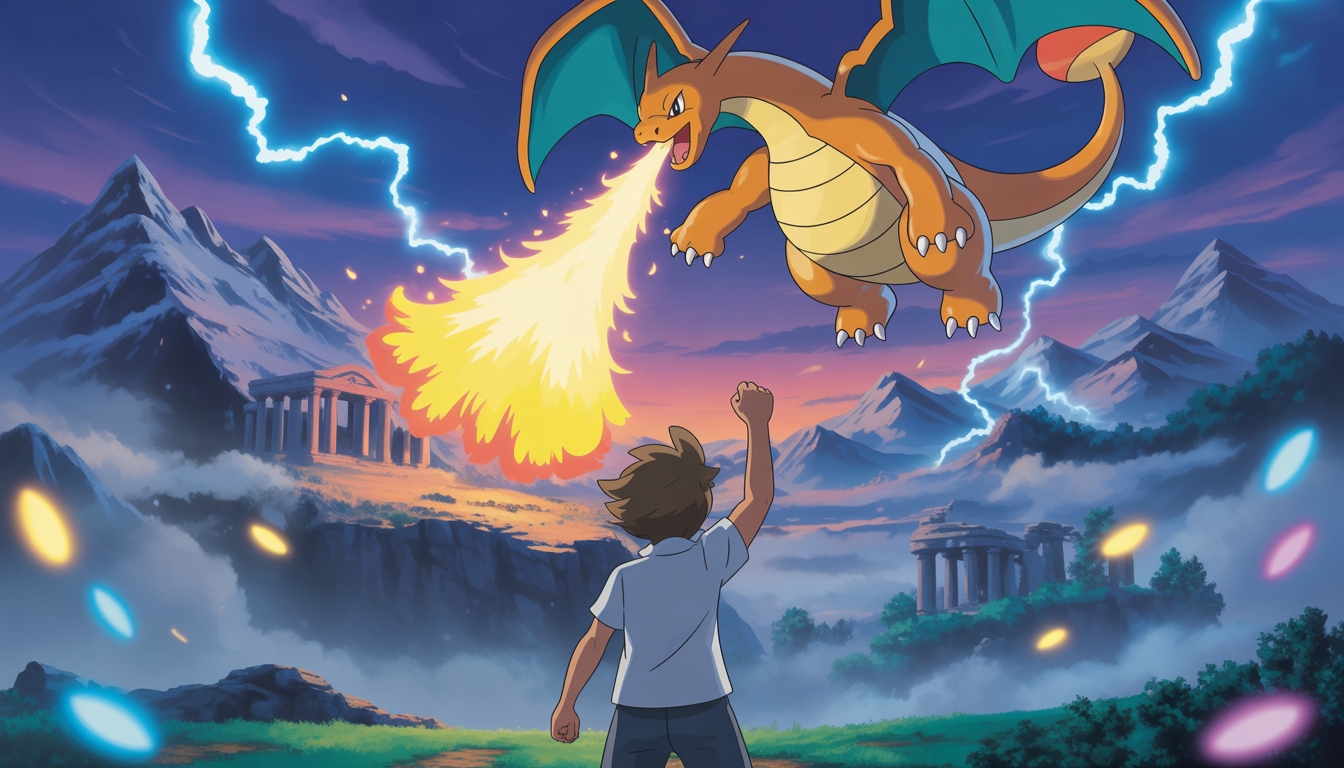 Jeune dresseur Pokémon défiant un Dragonite majestueux volant au-dessus de montagnes enneigées avec flammes dorées et éclairs bleus