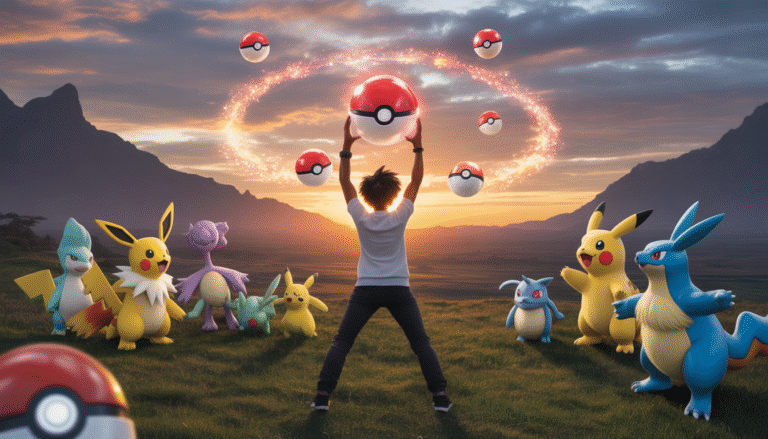 Pokémon trainer summoning legendary creature in glowing sunset with Poké Balls and diverse Pokémon