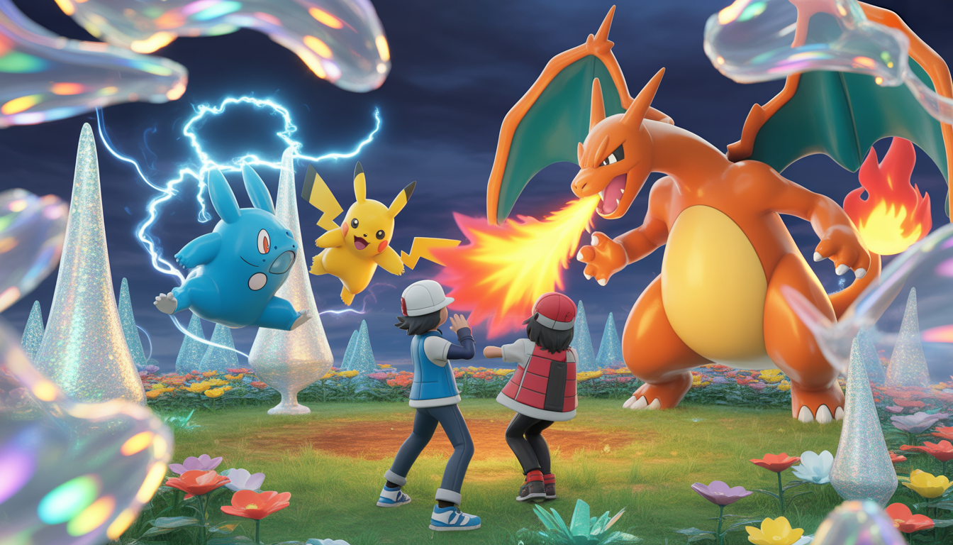 Deux dresseurs Pokémon se battant avec Pikachu lançant des éclairs électriques et Dracaufeu crachant des flammes dans une arène colorée