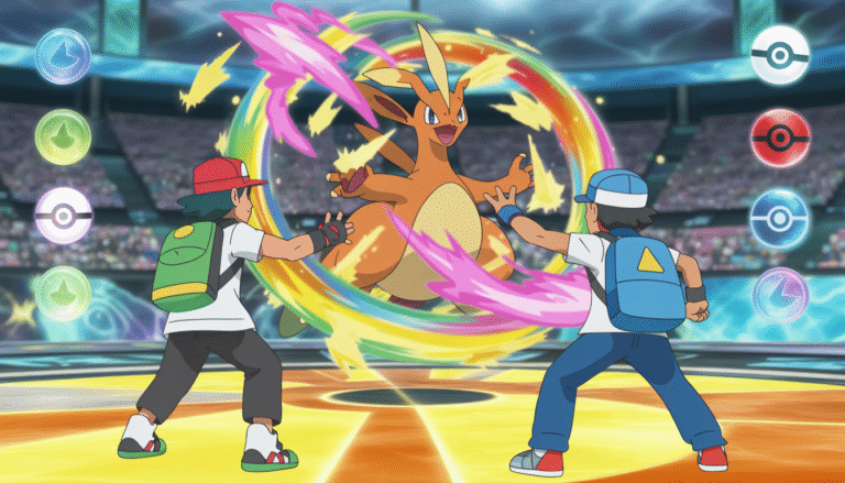 Deux dresseurs Pokémon dans une arène vibrante, un Pokémon légendaire lumineux lançant une attaque énergétique spectaculaire avec des effets magiques colorés